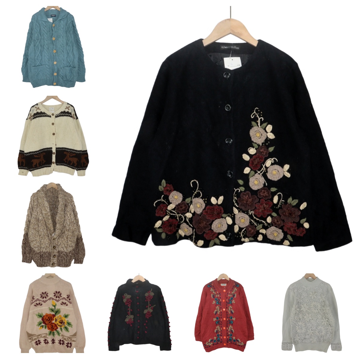 古着vintage孤品羊毛手工钩花复古文艺彩色花朵重工少女毛衣A5