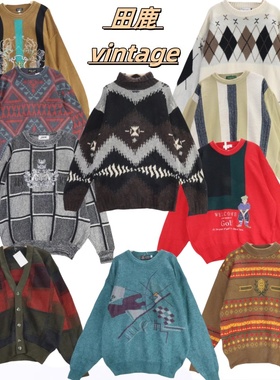 古着vintage孤品羊毛粗线北欧复古费尔岛文艺波普图案毛衣B64