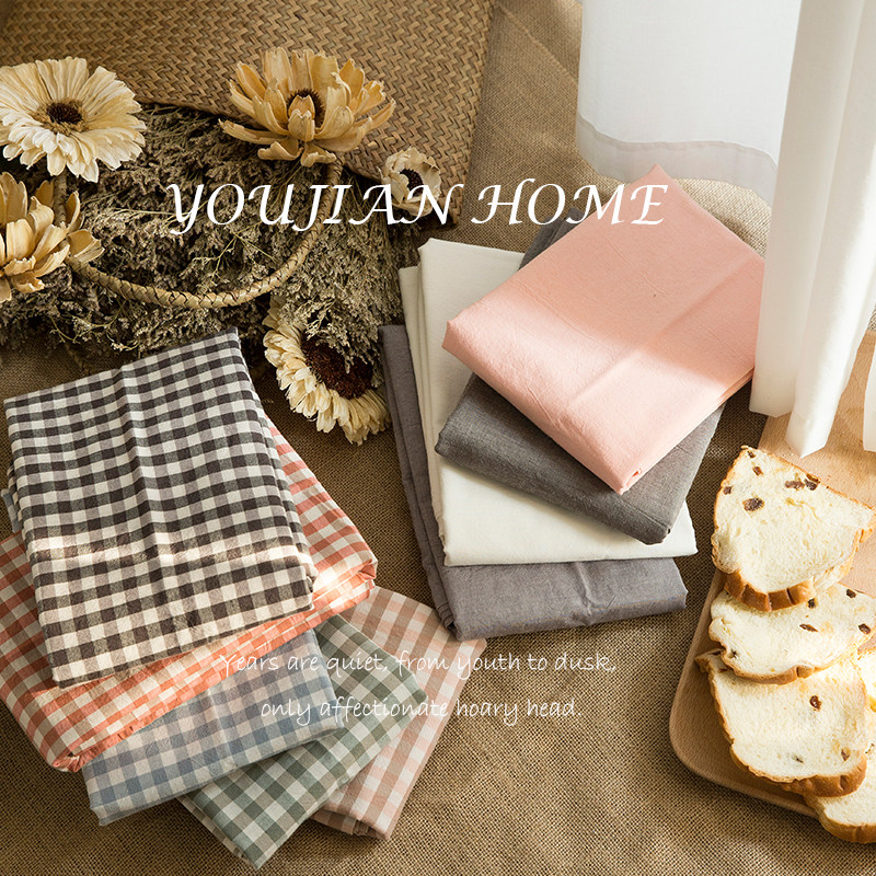 日式简约全棉水洗棉枕套单人色织格子条纹纯棉枕头套纯色枕芯套