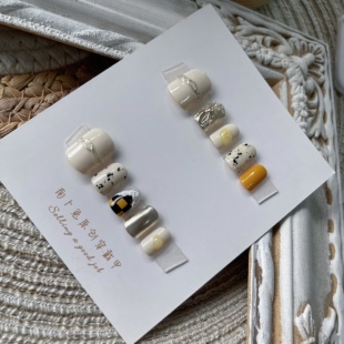 棋盘格石膏奶酪色墨镜粉美甲成品穿戴甲短款手工光疗贴片假指甲