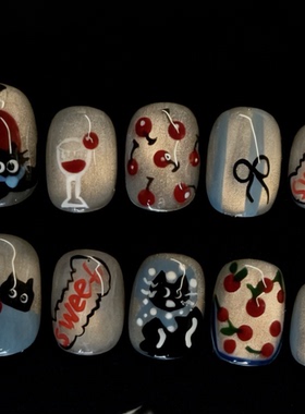 纯手工穿戴甲可爱风卡通猫眼樱桃猫咪显白过年圣诞短款穿戴甲