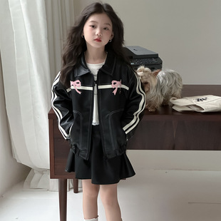 韩国童套装2025春秋童辣妹风蝴蝶结PU皮衣短裙套装皮夹克裙两件套