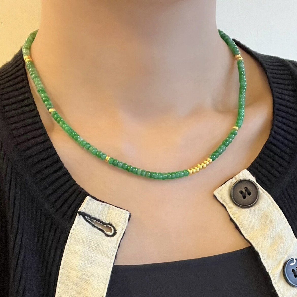 天然翡翠干青算盘珠锁骨链阳绿玉项链国风中式原创时尚女款辣绿色