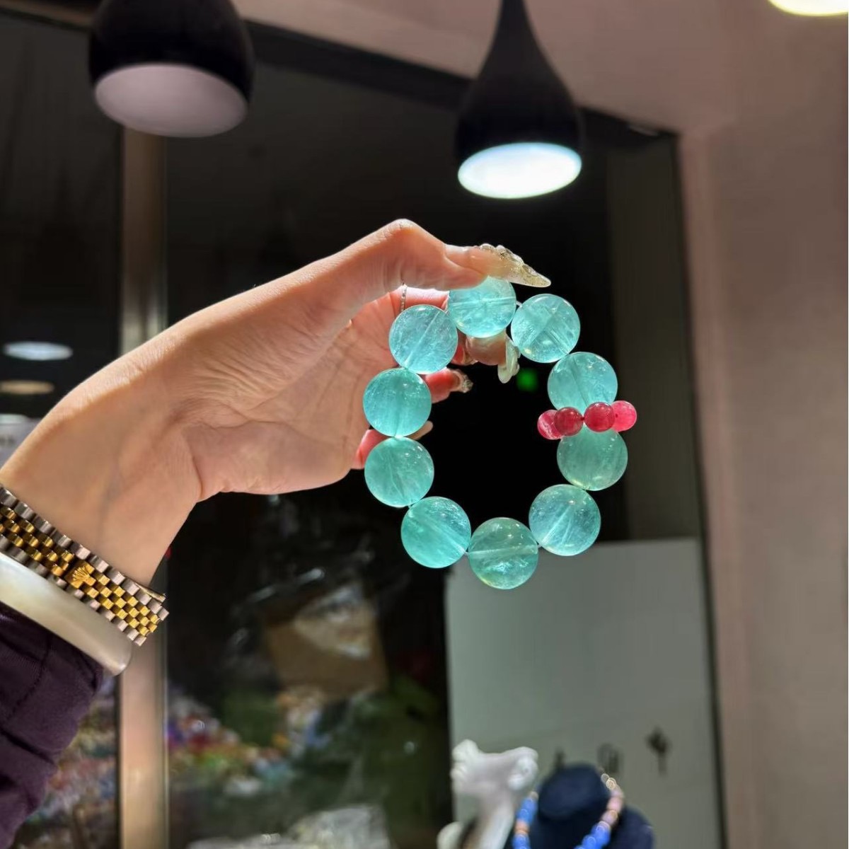 天然薄荷曼波绿萤石原创搭配蔷薇石手串绿水晶手链女款中式显白