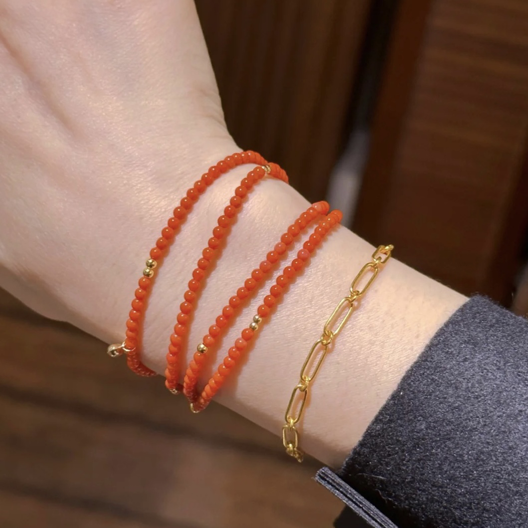 天然南红玛瑙满色樱桃红小米珠多圈手链新中式国风手串原创设计女