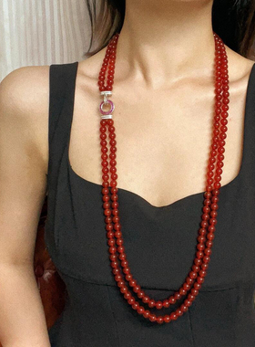 天然鸽血红玛瑙叠戴毛衣链新中式可拆开冰种红玉髓多层项链女款