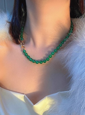 7A级天然翡翠阳绿色冰种绿玉髓圆珠锁骨链原创设计女款玛瑙毛衣链