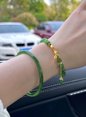 俄罗斯碧玉小米珠手串上岸好运节节高升925纯银镀金竹节手链女款