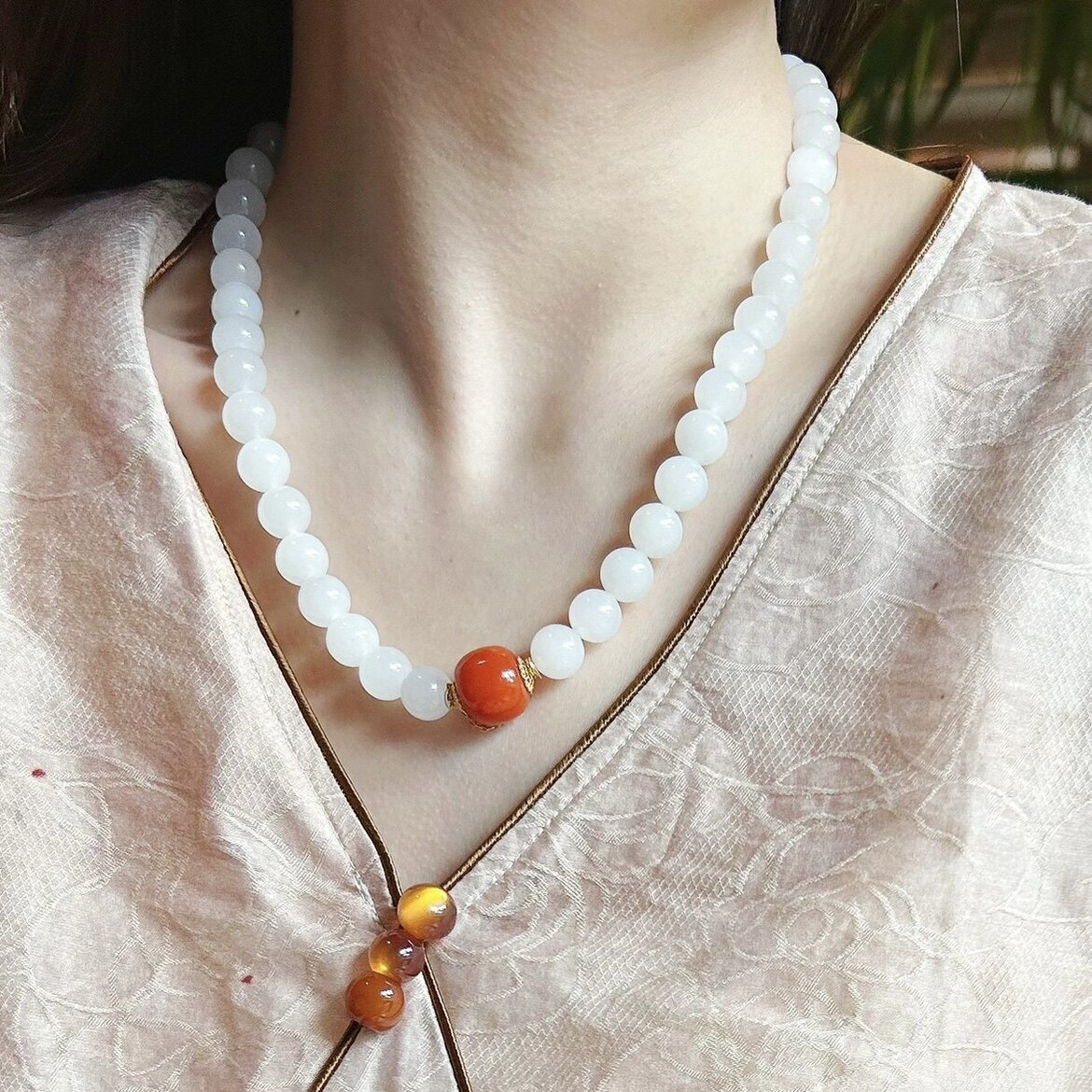 天然新疆和田玉圆珠项链搭配南红玛瑙羊脂白玉锁骨毛衣链新中式女