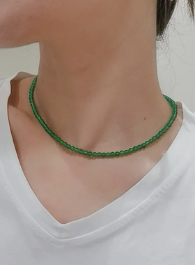 天然翡翠色冰种绿玉髓小米珠锁骨链阳绿色玛瑙项链新中式原创女款