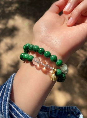天然翡翠干青两圈手链搭配白水晶玉手串原创阳绿辣绿色绀青国风女