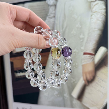 7A级天然白水晶大颗粒手串转运白水牛鼻孔搭配紫水晶海蓝宝黄水晶