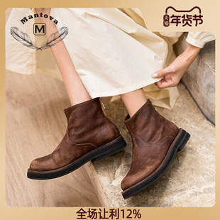 Mantova曼托瓦手工水洗切尔西靴马皮靴英伦复古烟筒靴做旧短靴女