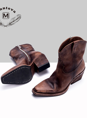 曼托瓦马丁靴女秋冬马皮法式复古做旧短靴瘦瘦靴圆头时尚切尔西靴