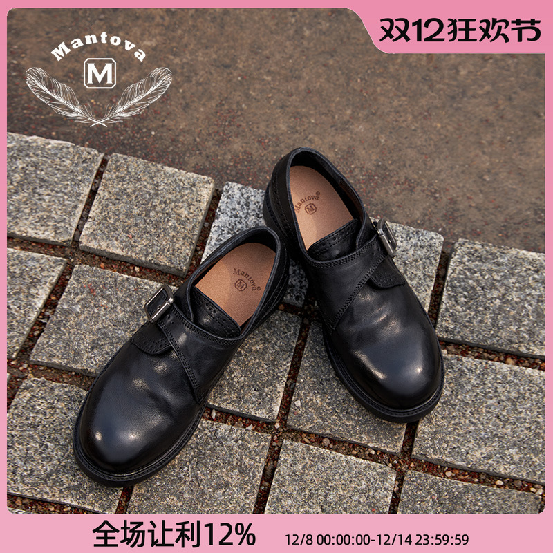 曼托瓦春夏新款复古时尚小皮鞋女单鞋皮带扣马皮真皮浅百搭布洛克