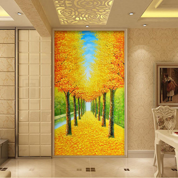 黄金满地发财树玄关墙纸过道走廊书房背景墙壁纸定制无缝墙布928
