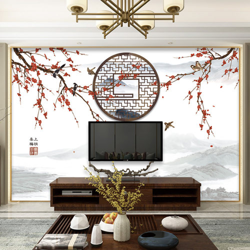 喜上眉梢新中式电视背景墙壁纸花鸟墙纸卧室客厅无缝墙布壁画953 - 封面