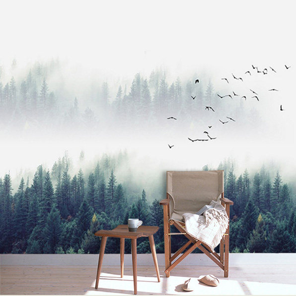 北欧简约树林无缝壁纸墙布卧室客厅沙发背景森林墙纸大型壁画778