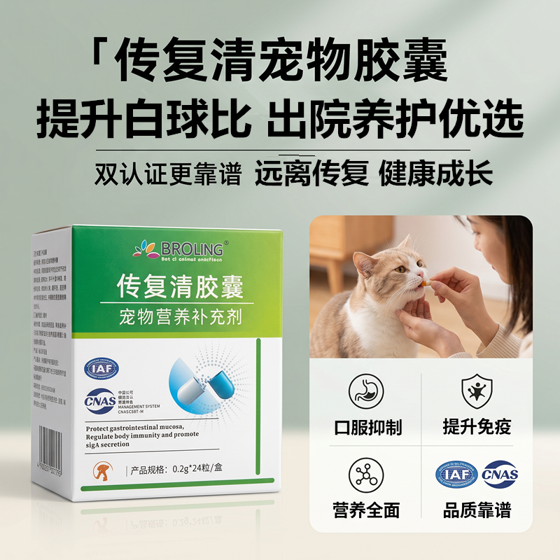 布洛灵宠物猫咪传腹清口服胶囊成幼猫传腹专用营养支持0.2克X24粒