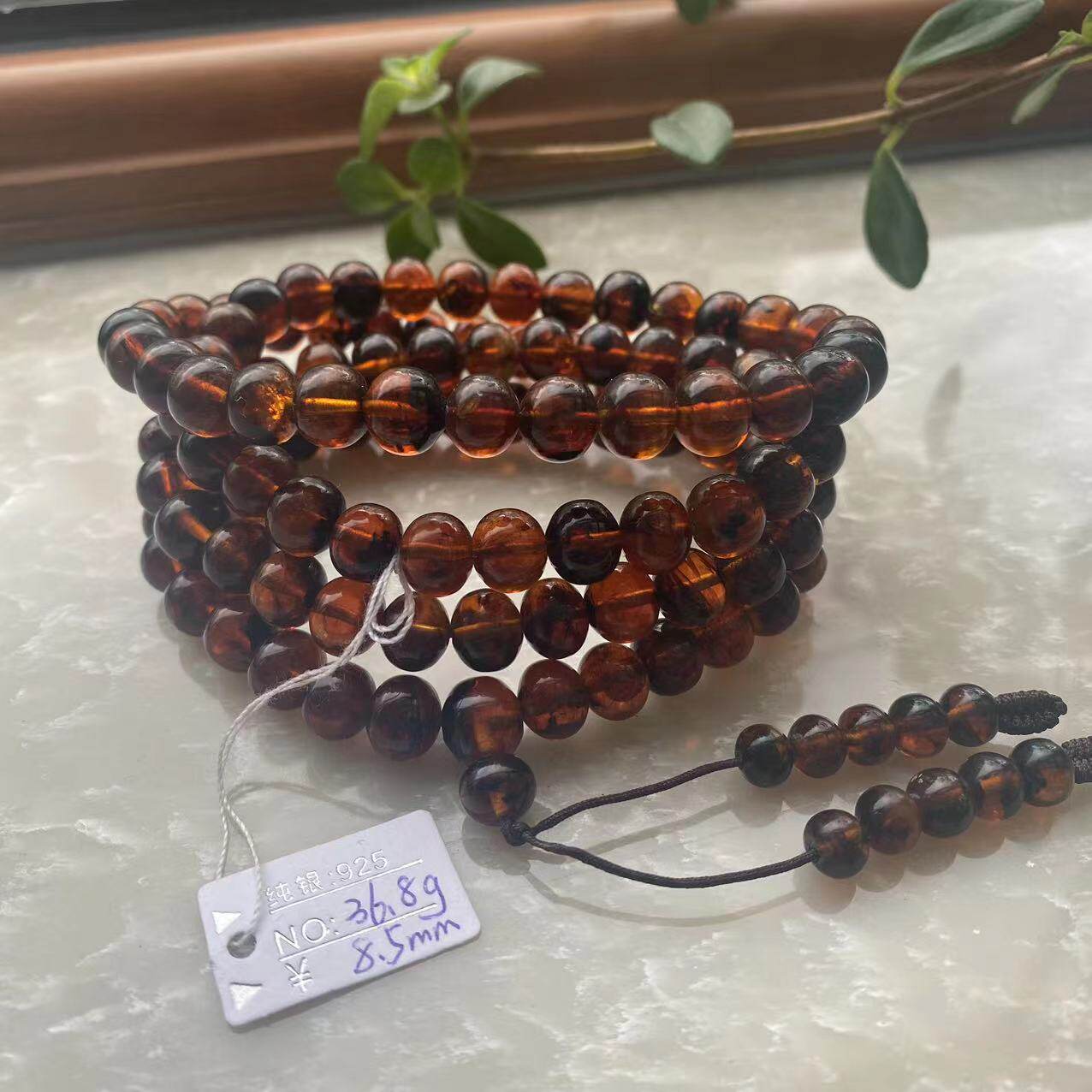 抚顺特产 入门级 抚顺琥珀 坑底料 8.5mm36.8克佛珠108粒多圈手串