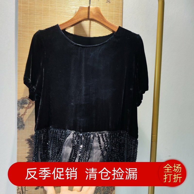 南油高端尾货100真丝丝绒手工制作串珠短袖上衣新中式新款女装