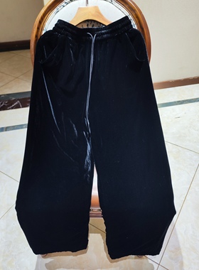 加厚保暖秋冬女装新松紧腰链抽绳真丝丝绒直筒裤裤子黑色南油高货