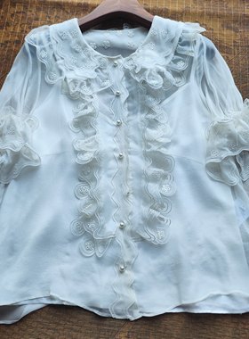 100真丝乔其纱重工绣花镂空花边两件套衬衫上衣高端尾货女装新款