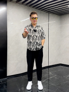 夏季微胖男生显瘦穿搭斑马纹衬衫宽松短袖上衣半袖体恤五分袖潮牌