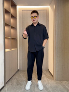 夏季微胖男生显瘦穿搭冰丝短袖衬衫男宽松半袖衬衣五分袖休闲上衣
