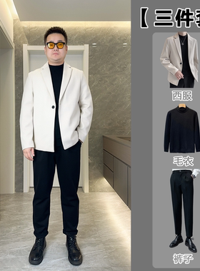 【三件套】冬季韩版加厚毛呢西服套装男士休闲时尚百搭小西装F001