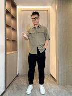 微胖男生显瘦穿搭夏季短袖衬衫宽松大码帅气潮牌半袖衬衣冰丝坠感