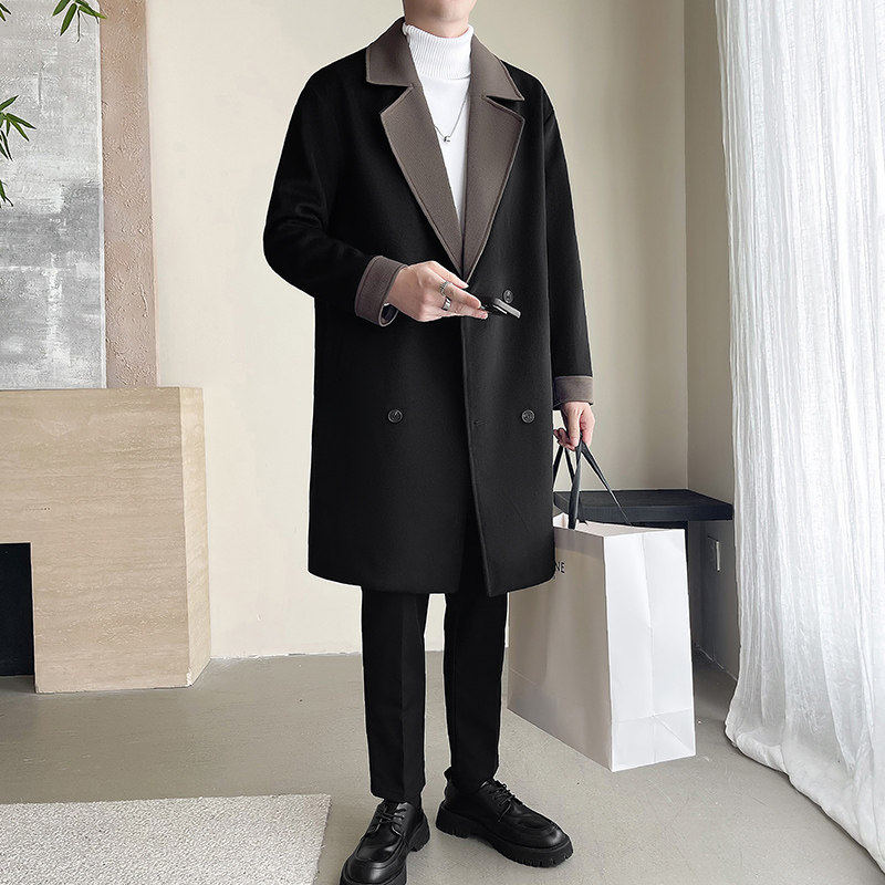轻熟风冬季加棉加厚拼色毛呢大衣男士中长款韩版风衣922