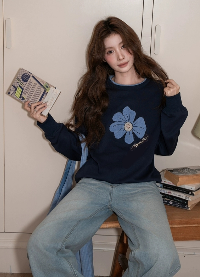 减龄少女感女士绿绒蒿毛巾绣加绒卫衣2025年新款商场同款女装