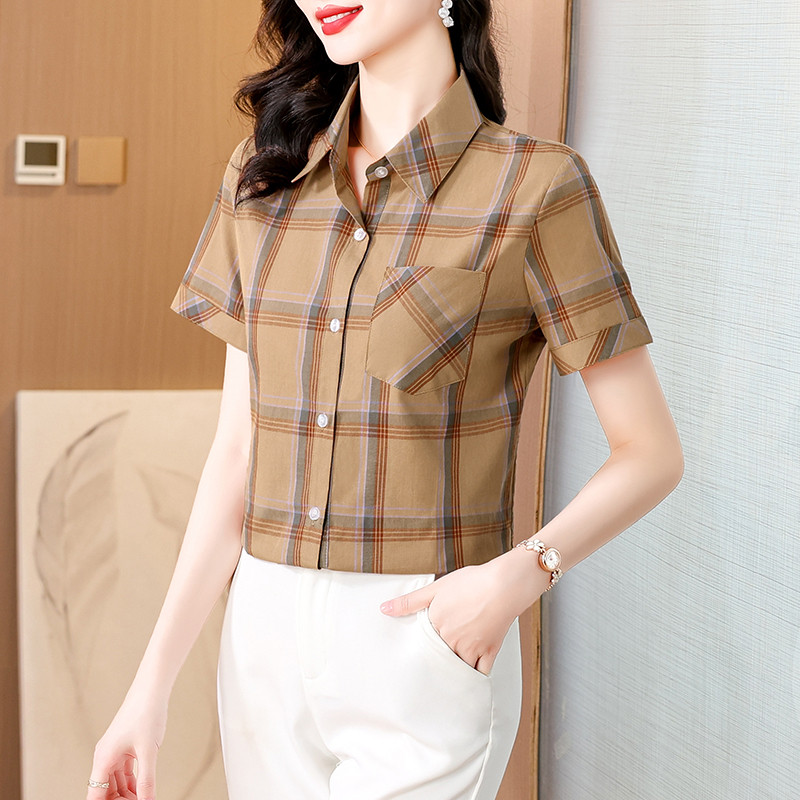 w36夏装妈妈装格子纯棉短袖衬衫休闲妇女寸衫中老年女半袖a96衬衣