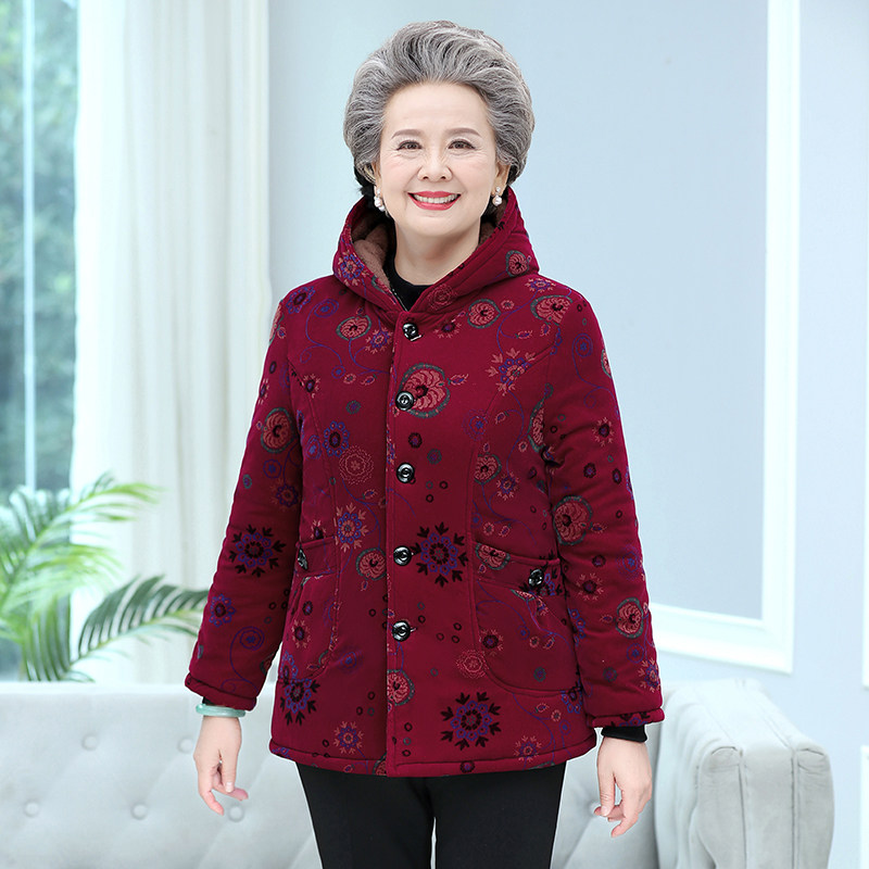q24冬天加绒短款老奶奶棉服中老年妈妈装棉衣女保暖连帽衫a92棉袄