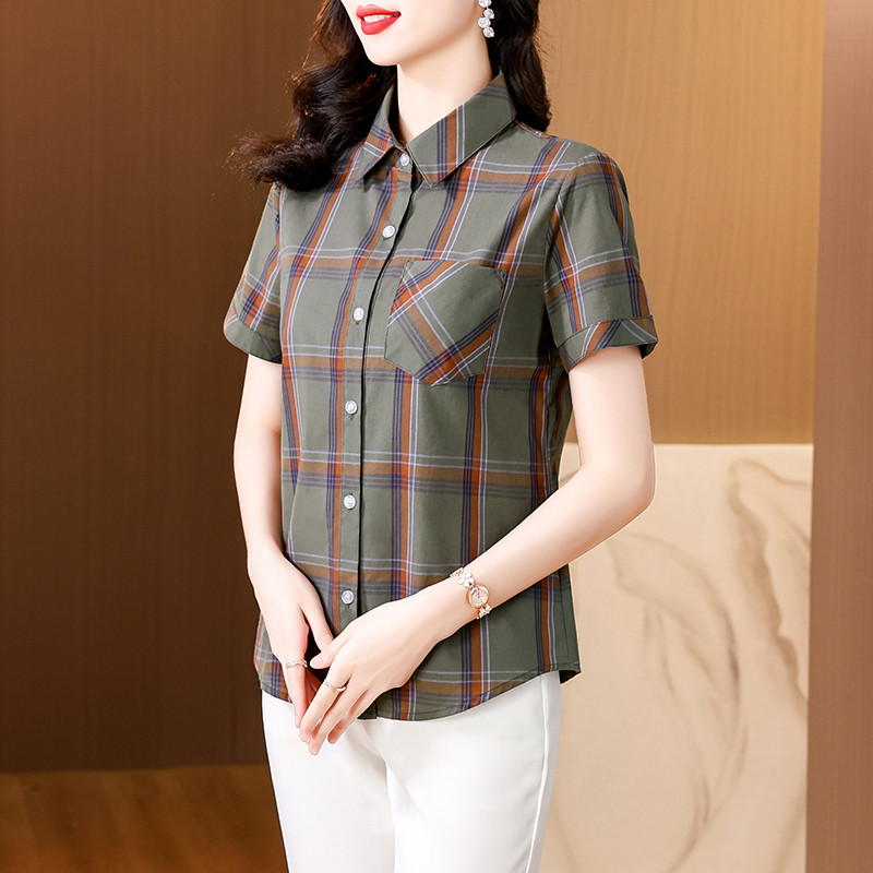 w29夏装妈妈装格子纯棉短袖衬衫休闲妇女寸衫中老年女半袖c02衬衣
