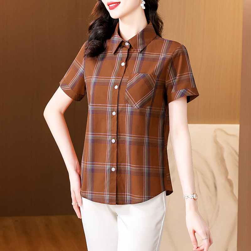 w36夏装妈妈装格子纯棉短袖衬衫休闲妇女寸衫中老年女半袖a03衬衣