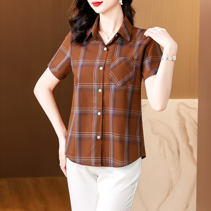 w36夏装妈妈装格子纯棉短袖衬衫休闲妇女寸衫中老年女半袖a04衬衣