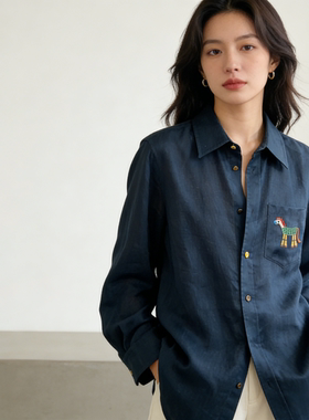 日系亚麻刺绣衬衫女长袖修身显瘦藏蓝色松弛感上衣
