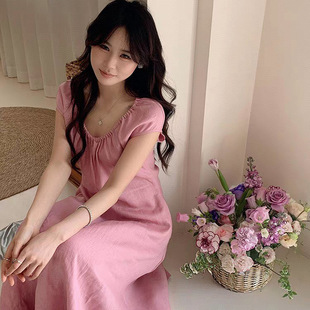 新款 25夏季 进口纯亚麻领口褶皱收腰松弛感老钱风高级感长裙女