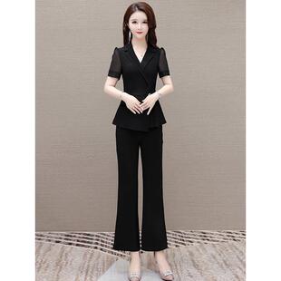 新款 两件套女2026夏季 领短袖 百搭阔腿裤 套装 流行妈妈时尚 高档西装