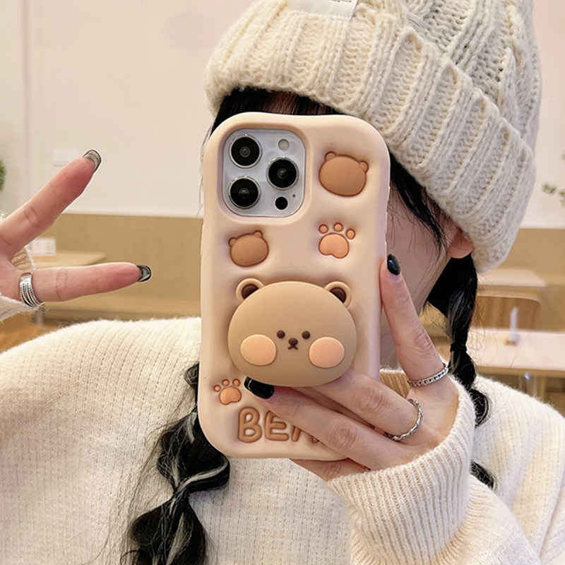 立体小熊伸缩支架适用苹果15手机壳16promax新款iphone14女13全包mini可爱12卡通xsmax硅胶xr软壳7/8plus防摔