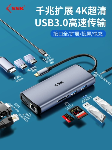 SSK T S S S S S S S 3 USB Ноутбук ноутбук Гигабитный сетевой портальный портальный концентратор портала Расширенный док HDMI8K Высоко -определенный дисплей внешний компьютер преобразование мобильное iPad