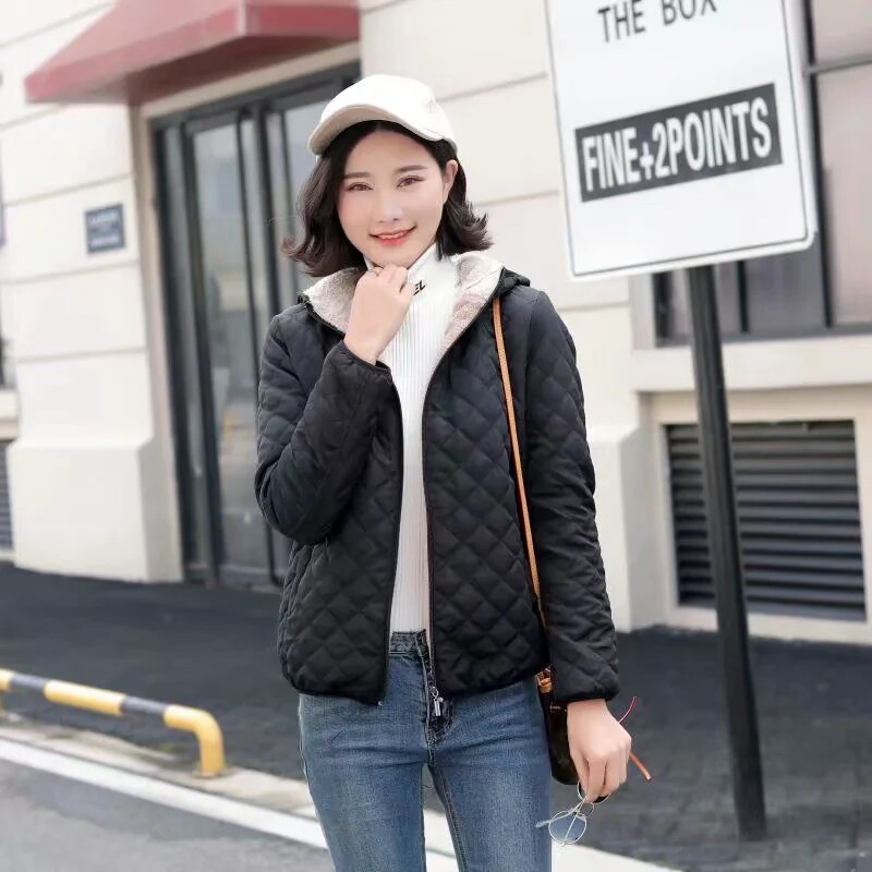 秋冬短款女韩版仿羊羔绒连帽宽松加绒轻薄棉衣夹棉拉链休闲短外套