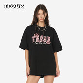 TFOUR 嘻哈宽松上衣tee 美式 蕾丝花卉休闲圆领珍珠短袖 T恤男女夏季
