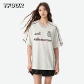 TFOUR 宽松运动上衣 T恤男女夏季 八芒星美式 潮牌字母篮球服V领短袖