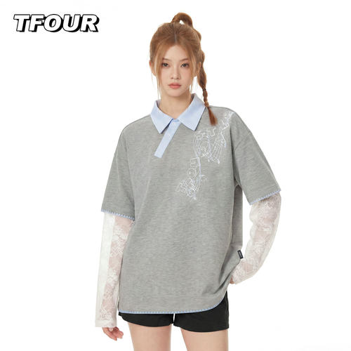 TFOUR撞色翻领可拆卸蕾丝袖短袖T