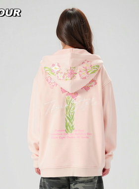TFOUR 2025美式重磅花卉刺绣卫衣男女春秋季潮牌宽松情侣薄绒外套