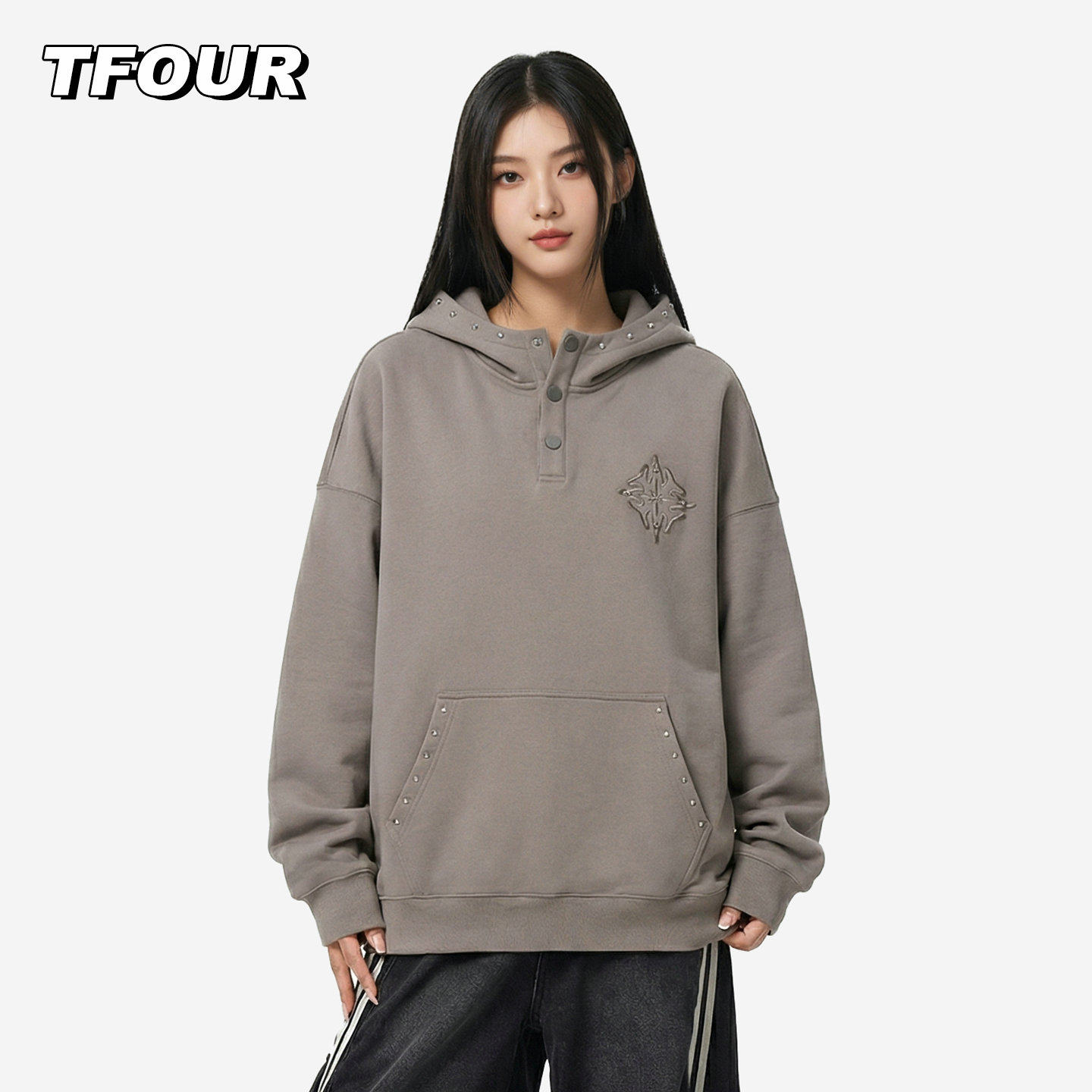 TFOUR 八芒星贴布绣卫衣男女装情侣美式宽松半排扣高领帽衫外套潮