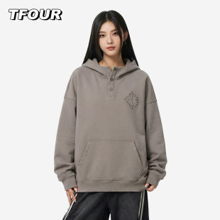 宽松半排扣高领帽衫 情侣美式 外套潮 八芒星贴布绣卫衣男女装 TFOUR